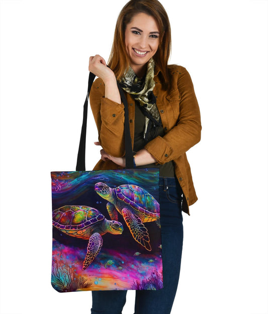 Alcohol Ink Painted Cosmic Neon Turtles Design Tote Bags - Imagination Collection