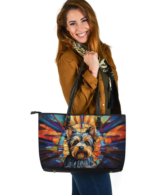 Yorkshire Terrier (Yorkie) Stained Glass Design Large Leather Tote Bag