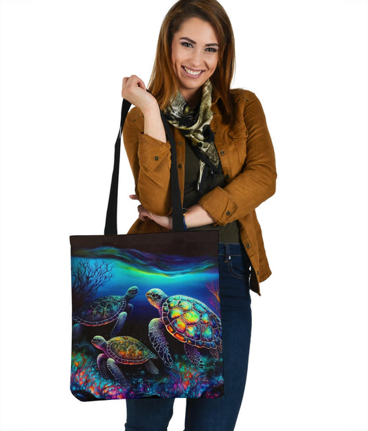 Alcohol Ink Painted Cosmic Neon Turtles Design Tote Bags - Imagination Collection