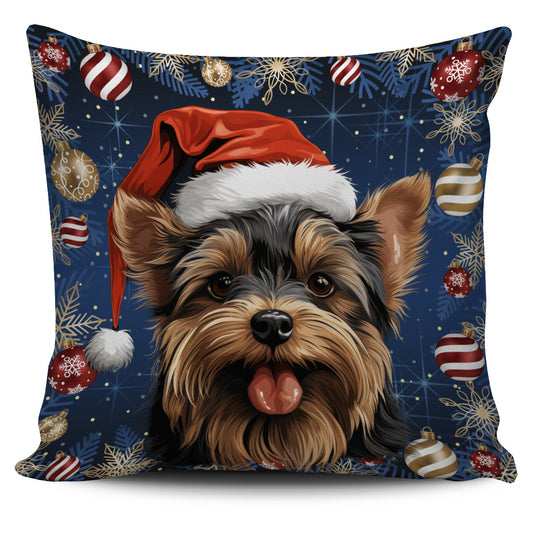Yorkshire Terrier (Yorkie) In A Santa Hat Throw Pillow Covers - Christmas Collection