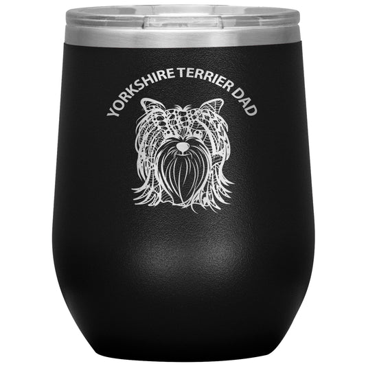 Yorkshire Terrier (Yorkie) Dad Design 12oz Insulated Stemless Wine Tumbler - Cindy Sang B&W