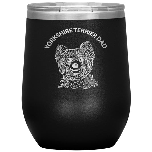 Yorkshire Terrier (Yorkie) Dad Design 12oz Insulated Stemless Wine Tumbler - Cindy Sang B&W