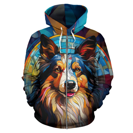 Shetland Sheepdog (Sheltie) All Over Print Stained Glass Design Zip-Up Hoodies