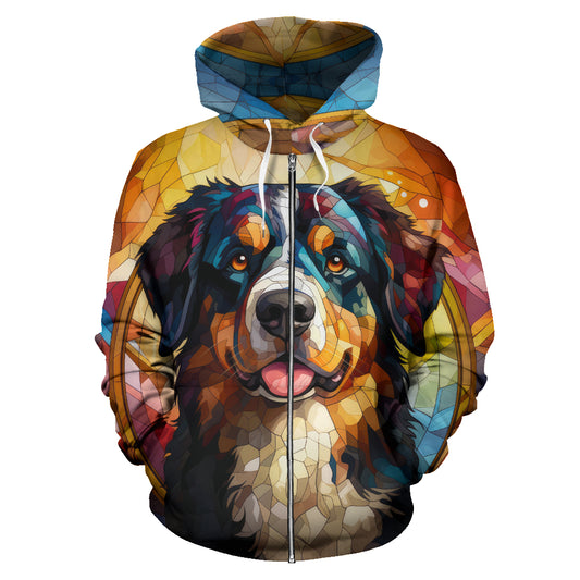 Bernese Mountain Dog All Over Print Stained Glass Design Zip-Up Hoodies