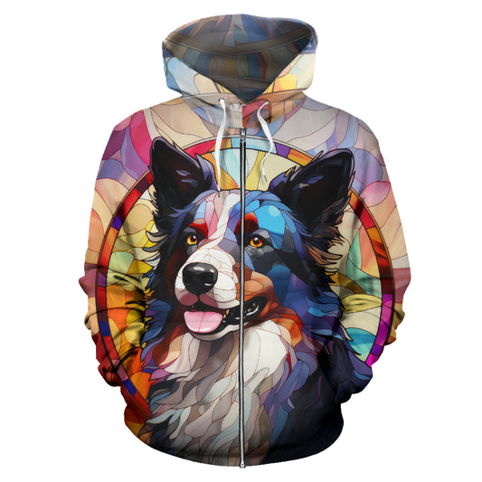 Border Collie All Over Print Stained Glass Design Zip-Up Hoodies