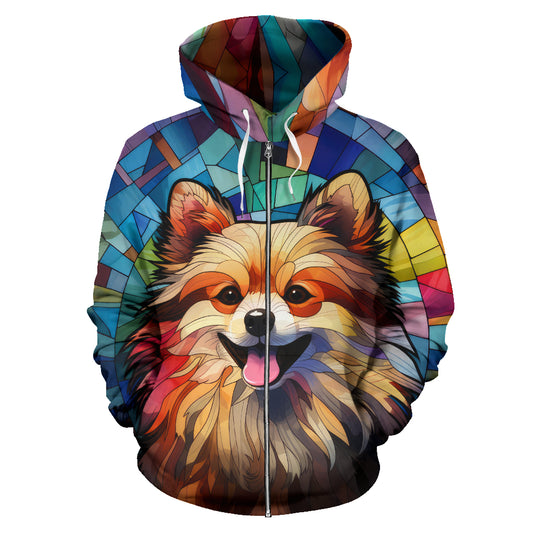 Pomeranian All Over Print Stained Glass Design Zip-Up Hoodies
