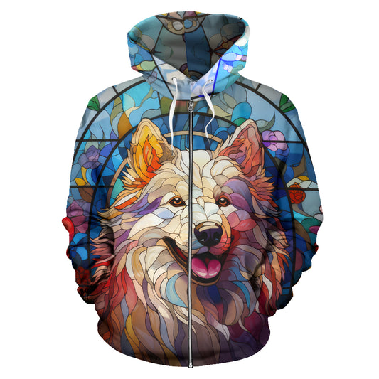 Samoyed All Over Print Stained Glass Design Zip-Up Hoodies