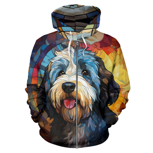 Old English Sheepdog All Over Print Stained Glass Design Zip-Up Hoodies