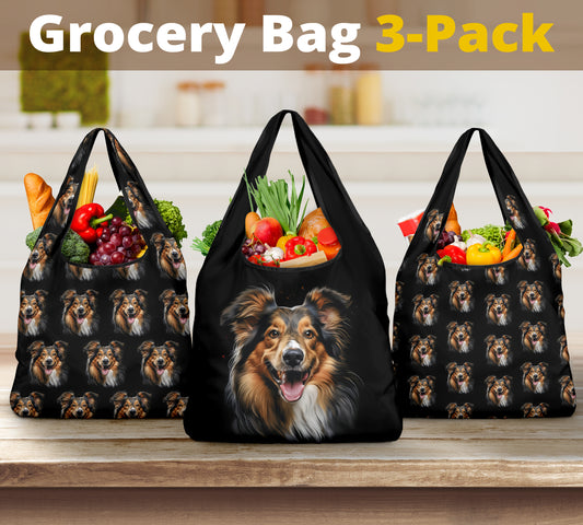 Shetland Sheepdog (Sheltie) Watercolor Design 3 Pack Grocery Bags