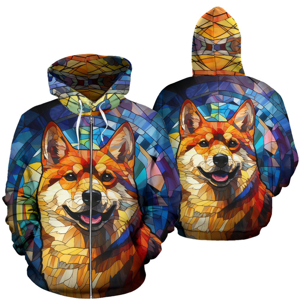 Shiba Inu All Over Print Stained Glass Design Zip-Up Hoodies