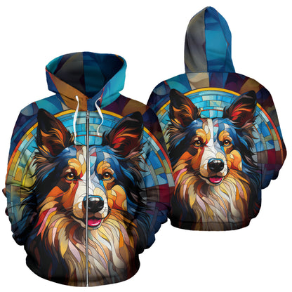 Shetland Sheepdog (Sheltie) All Over Print Stained Glass Design Zip-Up Hoodies