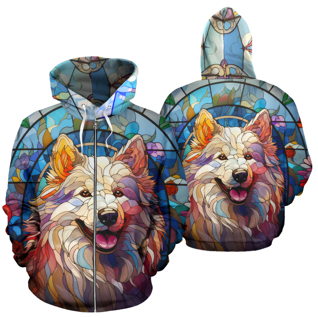 Samoyed All Over Print Stained Glass Design Zip-Up Hoodies