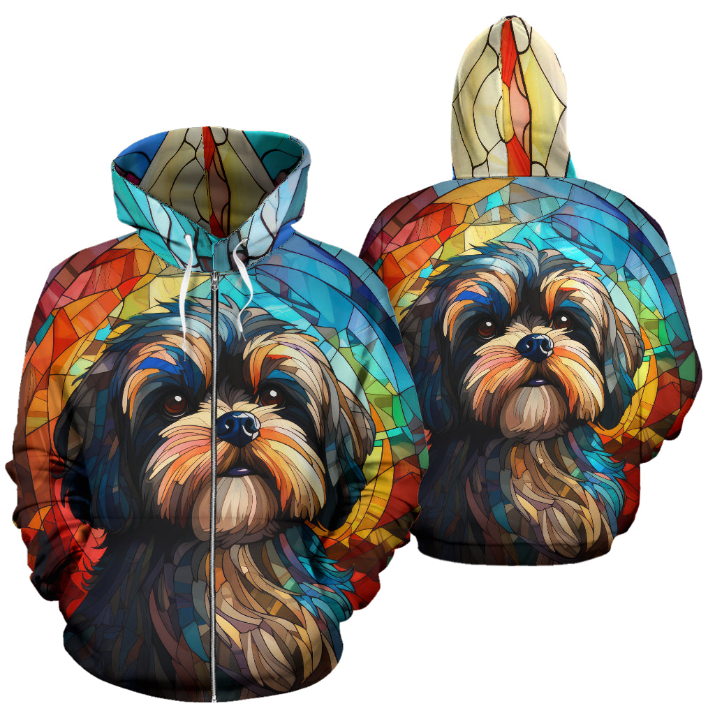 Shih Tzu All Over Print Stained Glass Design Zip-Up Hoodies