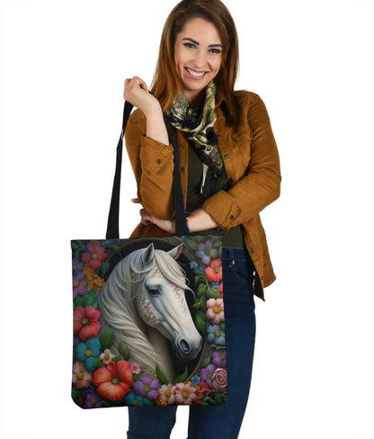 White Horse With Floral Surrounding Design Tote Bags - Imagination Collection