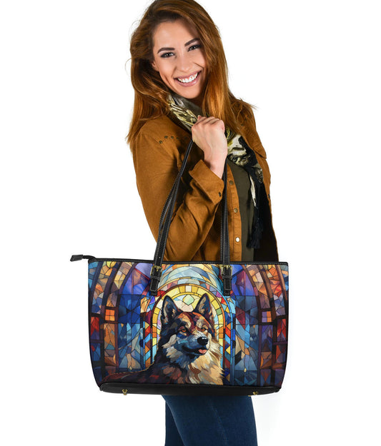 Akita Stained Glass Design Large Leather Tote Bag