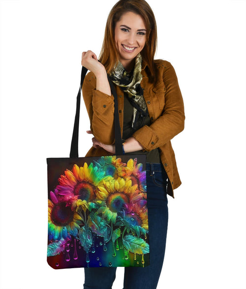Alcohol Ink Painted Rainbow Sunflowers Design Tote Bags - Imagination Collection