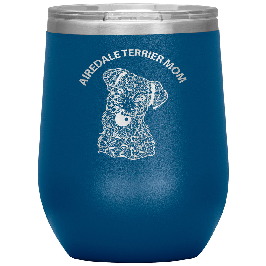 Airedale Terrier Mom Design 12oz Insulated Stemless Wine Tumbler - Cindy Sang B&W