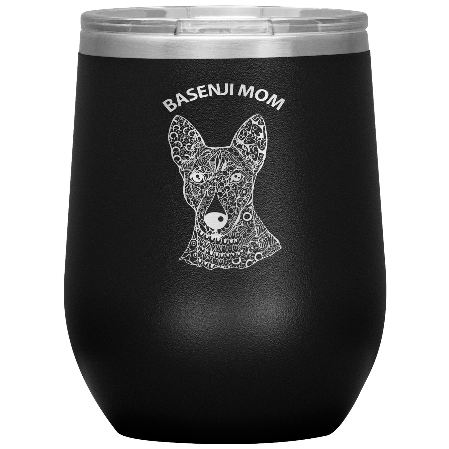 Basenji Mom Design 12oz Insulated Stemless Wine Tumbler - Cindy Sang B&W