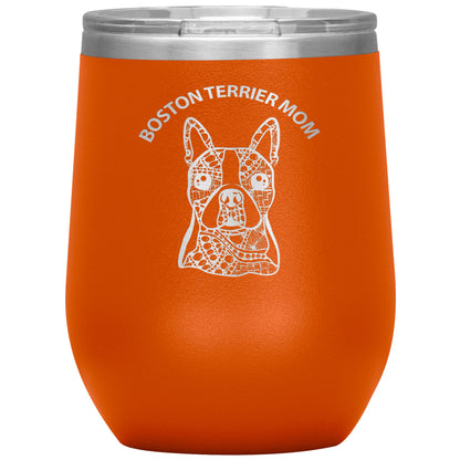 Boston Terrier Mom Design 12oz Insulated Stemless Wine Tumbler - Cindy Sang B&W