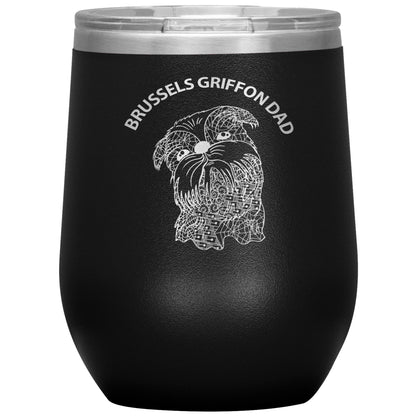 Brussels Griffon Dad Design 12oz Insulated Stemless Wine Tumbler - Cindy Sang B&W