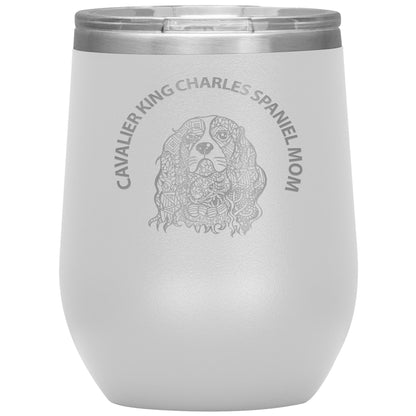 Cavalier King Charles Spaniel Mom Design 12oz Insulated Stemless Wine Tumbler - Cindy Sang B&W