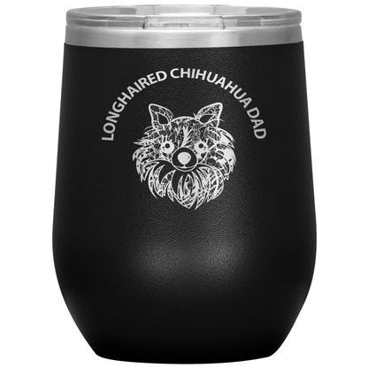 Longhaired Chihuahua Dad Design 12oz Insulated Stemless Wine Tumbler - Cindy Sang B&W