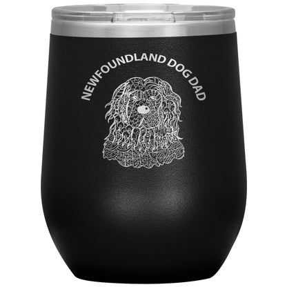 Newfoundland Dog Dad Design 12oz Insulated Stemless Wine Tumbler - Cindy Sang B&W