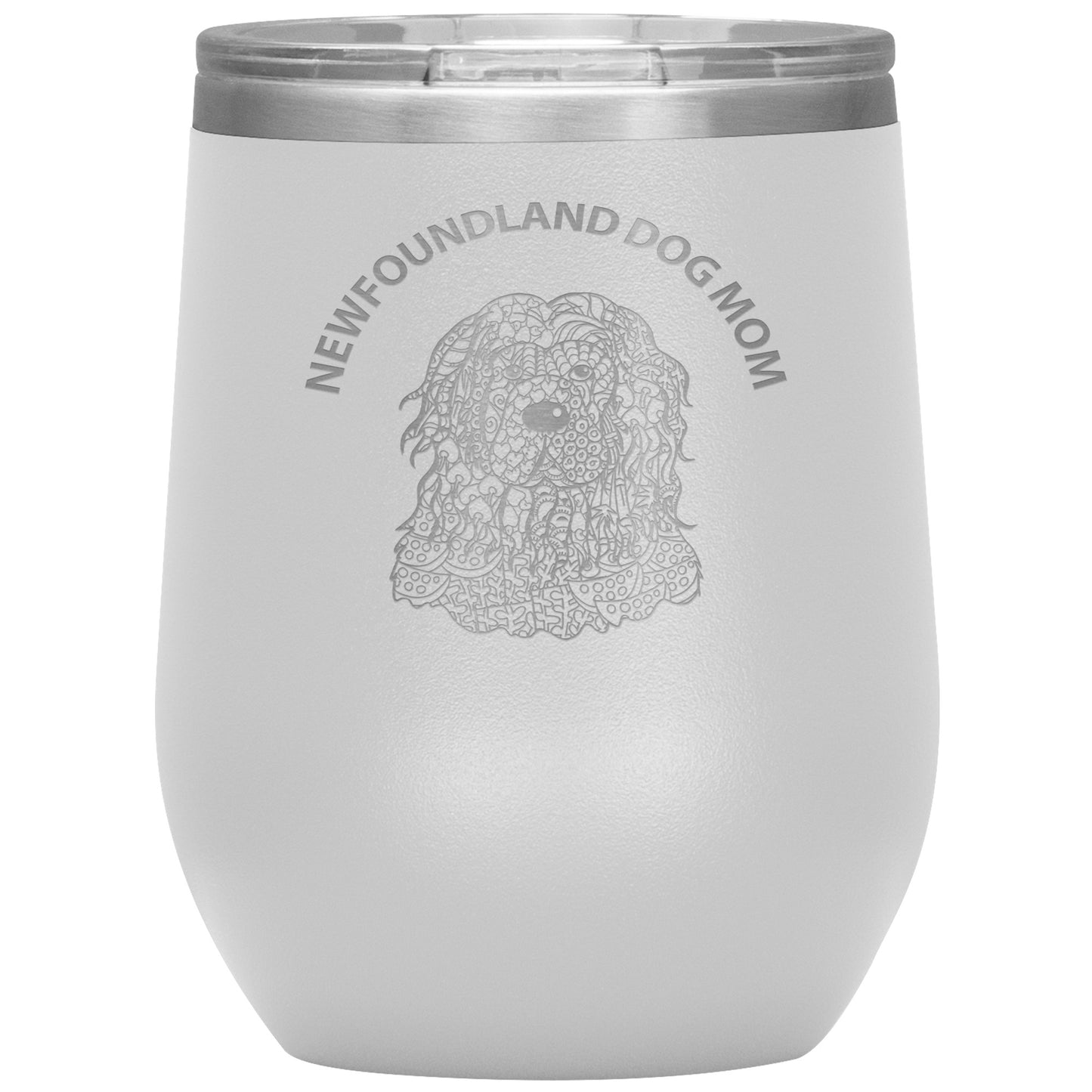 Newfoundland Dog (Newfie) Mom Design 12oz Insulated Stemless Wine Tumbler - Cindy Sang B&W