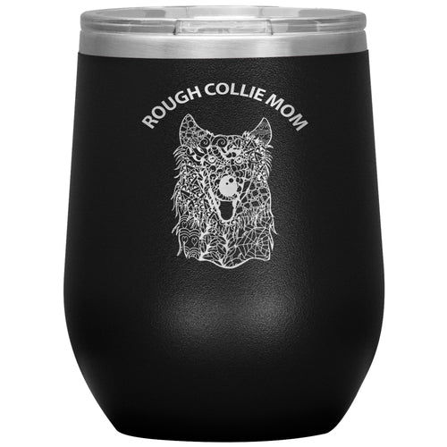 Rough Collie Mom Design 12oz Insulated Stemless Wine Tumbler - Cindy Sang B&W