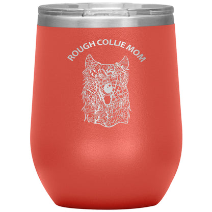 Rough Collie Mom Design 12oz Insulated Stemless Wine Tumbler - Cindy Sang B&W