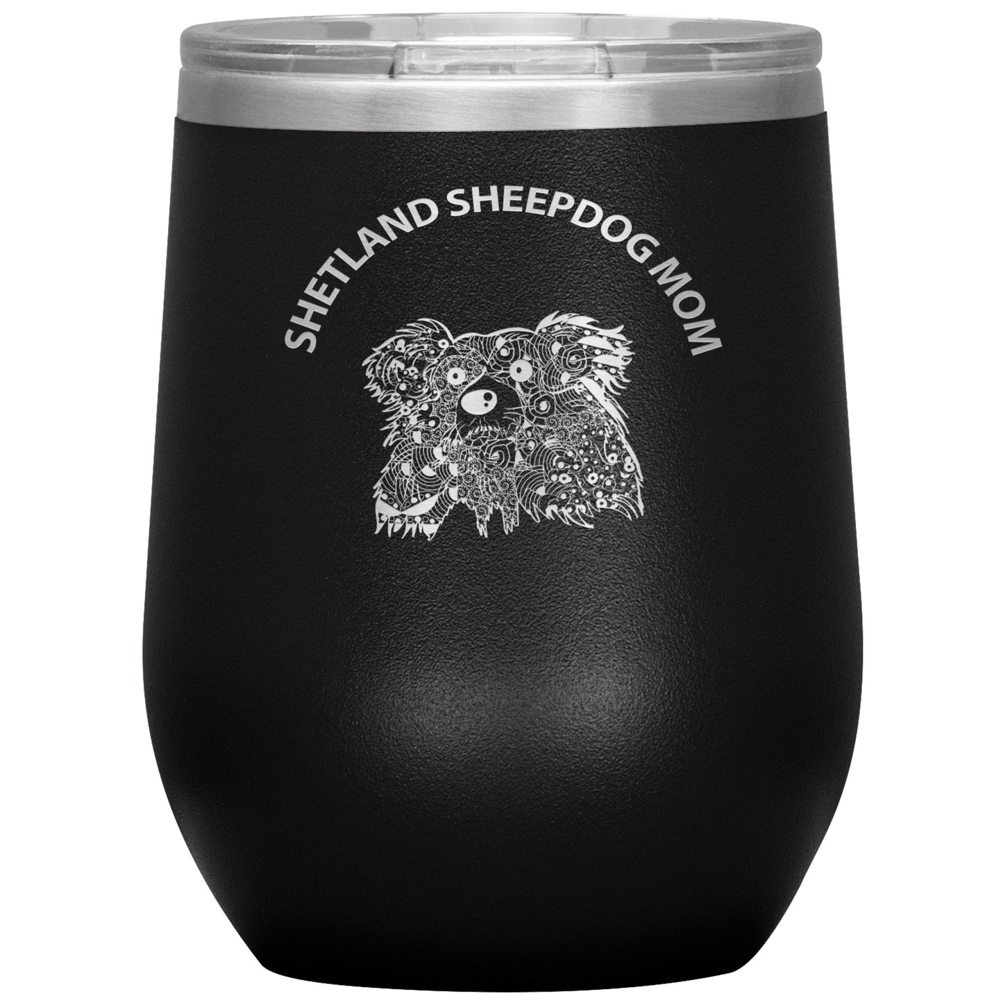 Shetland Sheepdog (Sheltie) Mom Design 12oz Insulated Stemless Wine Tumbler - Cindy Sang B&W