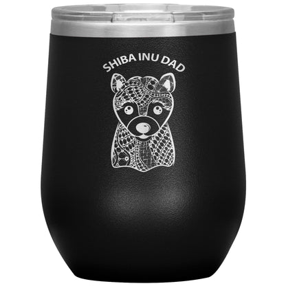 Shiba Inu Dad Design 12oz Insulated Stemless Wine Tumbler - Cindy Sang B&W