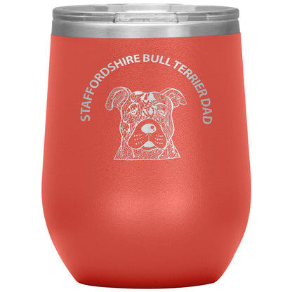 Staffordshire Bull Terrier (Staffie) Dad Design 12oz Insulated Stemless Wine Tumbler - Cindy Sang B&W