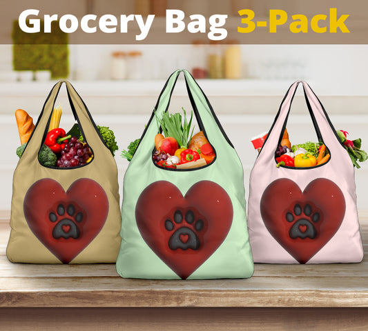 Paw and Heart Puffy Inflated Design 3 Pack Grocery Bags - Mom and Dad Collection