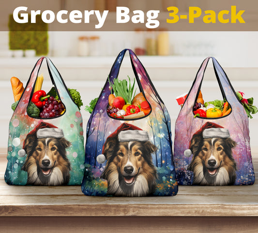 Rough Collie Design 3 Pack Grocery Bags - 2023 Holiday - Christmas Print