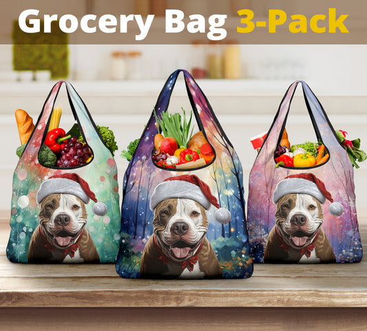Pit Bull Design 3 Pack Grocery Bags - 2023 Holiday - Christmas Print