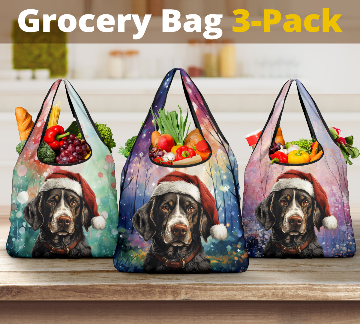 English Pointer Design 3 Pack Grocery Bags - 2023 Holiday - Christmas Print