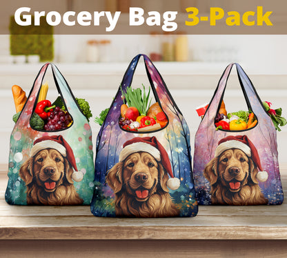 Golden Retriever Design 3 Pack Grocery Bags - 2023 Holiday - Christmas Print