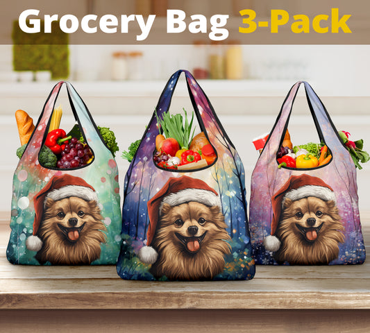 Pomeranian Design 3 Pack Grocery Bags - 2023 Holiday - Christmas Print