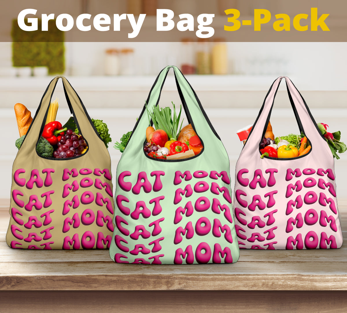 Cat Mom Puffy Inflated Design 3 Pack Grocery Bags - Mom and Dad Collection
