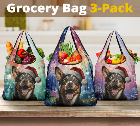 Australian Cattle Dog Design 3 Pack Grocery Bags - 2023 Holiday - Christmas Print