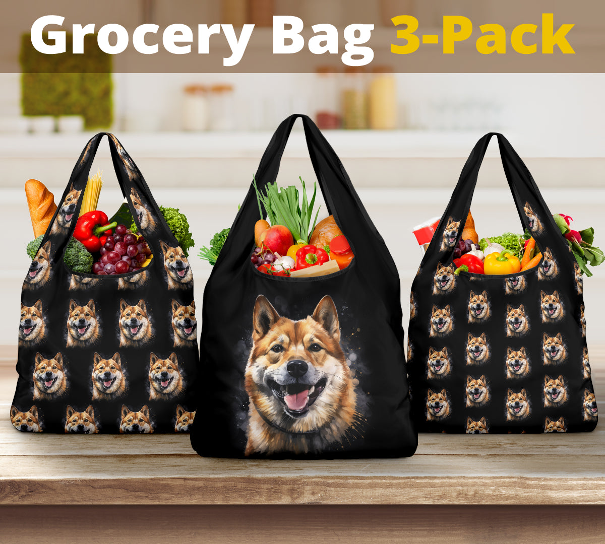 Shiba Inu Watercolor Design 3 Pack Grocery Bags