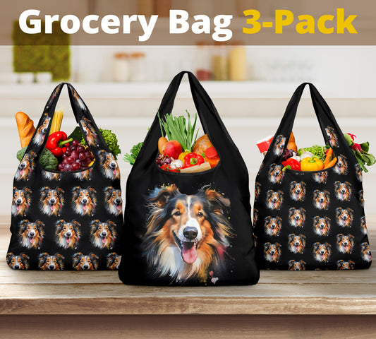 Rough Collie Watercolor Design 3 Pack Grocery Bags