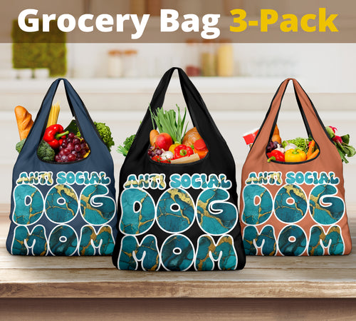 Anti Social Dog Mom Turquoise Marble Design 3 Pack Grocery Bags - Mom and Dad Collection