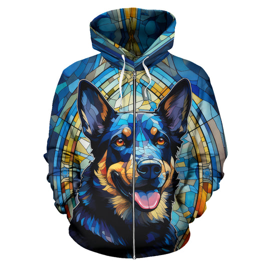 Blue Heeler All Over Print Stained Glass Design Zip-Up Hoodies