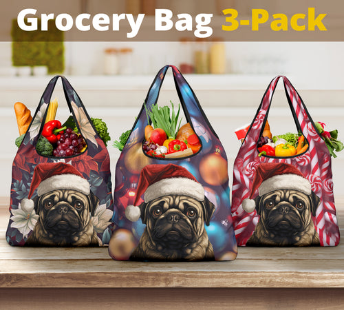 Pug Design 3 Pack Grocery Bags - 2023 Christmas / Holiday Collection