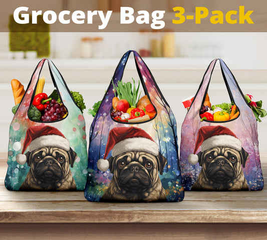 Pug Design 3 Pack Grocery Bags - 2023 Holiday - Christmas Print