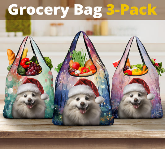 American Eskimo Design 3 Pack Grocery Bags - 2023 Holiday - Christmas Print