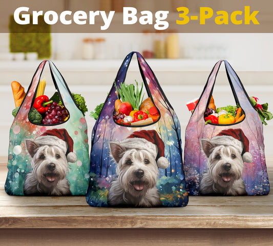 Westie Design 3 Pack Grocery Bags - 2023 Holiday - Christmas Print