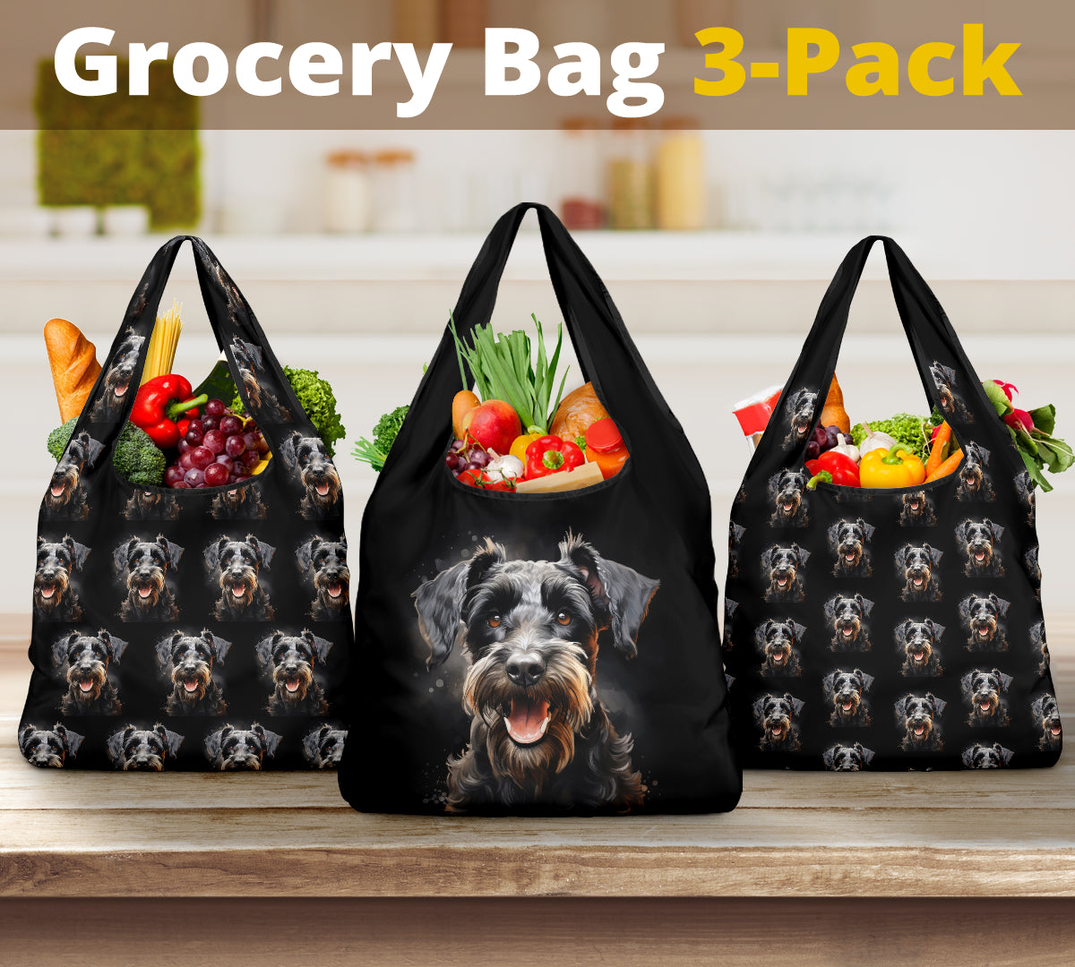 Schnauzer Watercolor Design 3 Pack Grocery Bags
